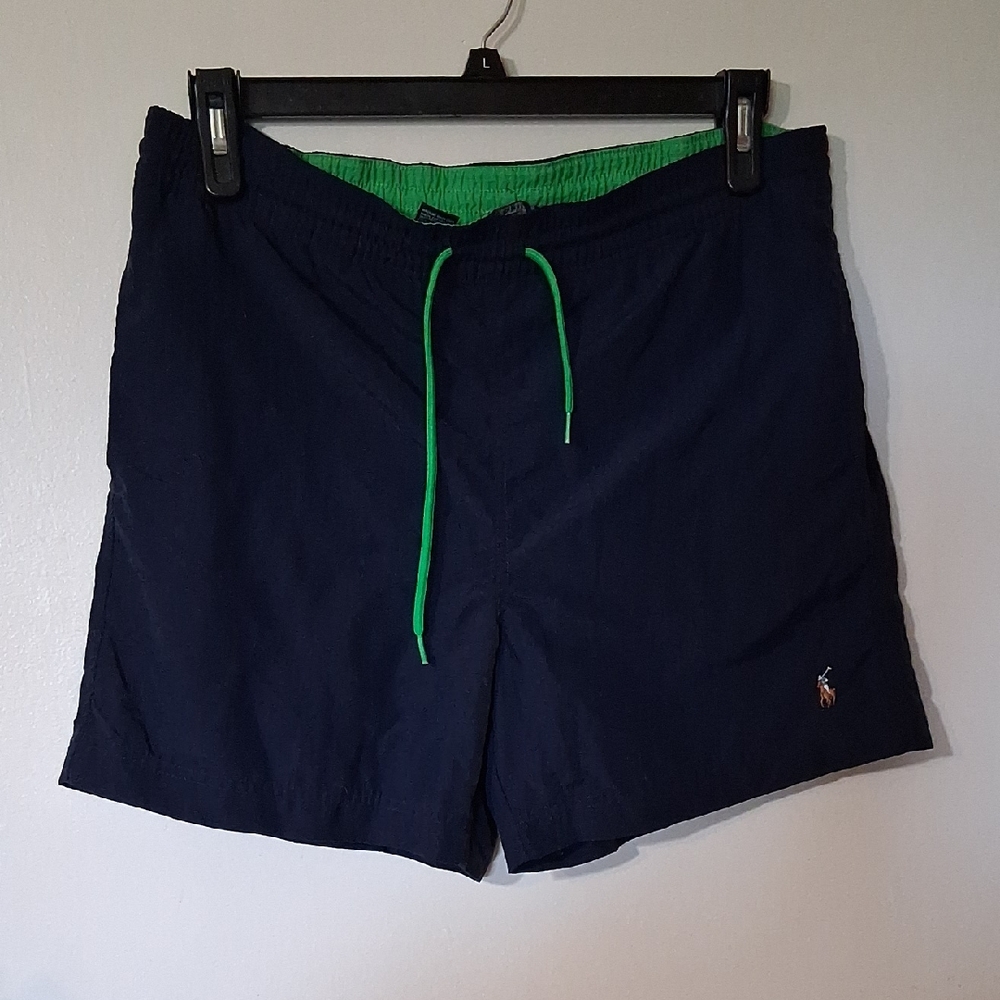 Polo by Ralph Lauren Men's Dark Blue Swim Trunks with Green Accents